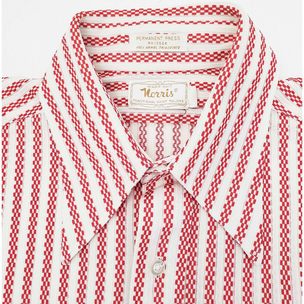 Vintage 70s Norris Men's Warp Knit Red White Stripe Button Down Shirt 15 1/2 32